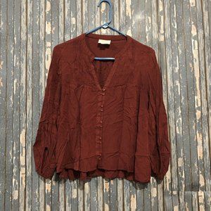 Anthropologie Maeve Rust Pleated Button Front Long Sleeve Peasant Shirt Top 6